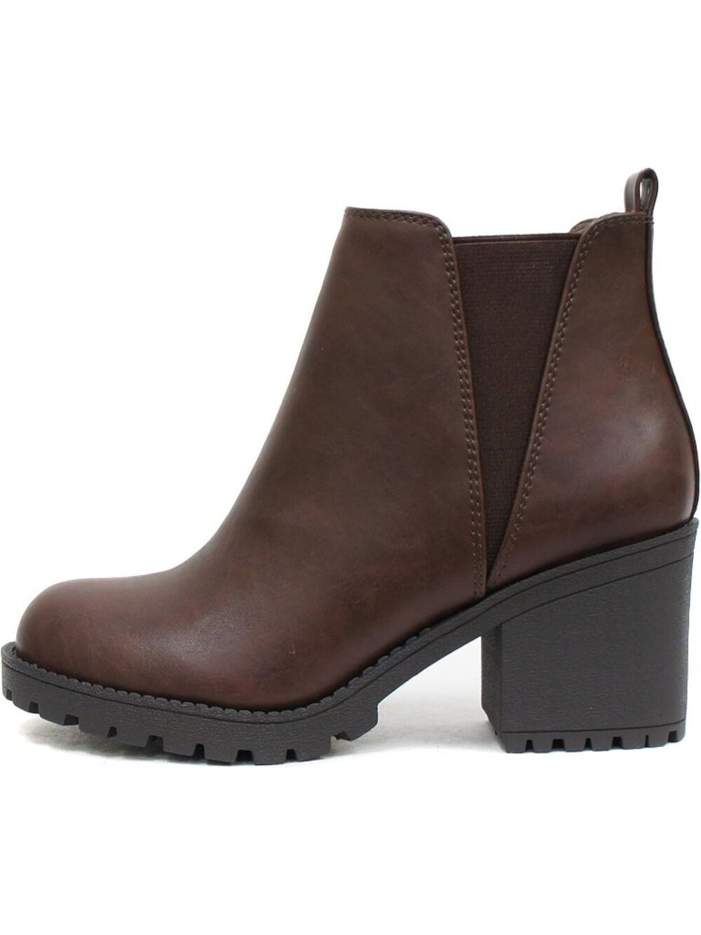 Women's Brown Origami Lug Sole Mid Heel Fashion Ankle Bootie Double Elastic Boot